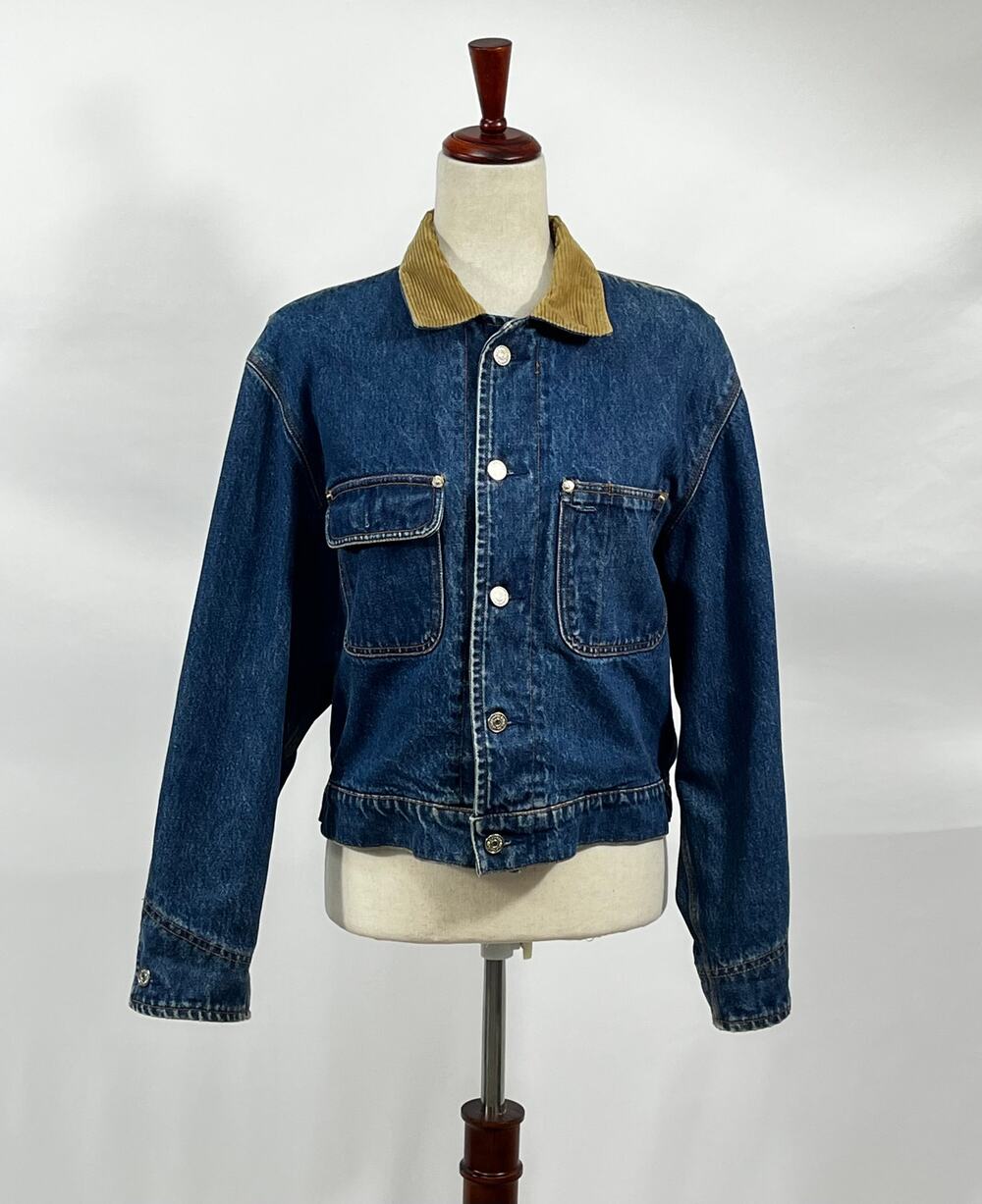 RALPH LAUREN Dungarees M Denim Jean Jacket Trucker Corduroy Collar Horse Lined